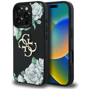 Étui Guess Grained Roses Big 4G logo pour iPhone 16 Pro noir