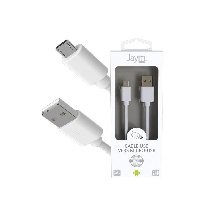 Câble USB vers Micro-USB 2.4A - 1,5 mètres - Collection POP - Blanc - Jaym