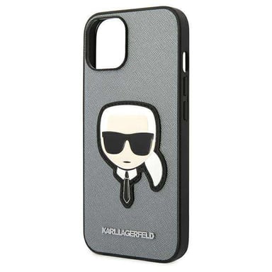 Funda Karl Lagerfeld para iPhone 14 Plus 6.7'' Funda rígida plateada Saffiano Karl`s Head Patch