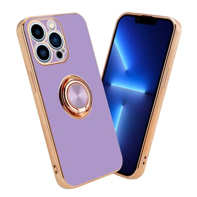 Coque pour Apple iPhone 13 PRO en Glossy Lilas Clair - Or avec anneau Housse de protection Étui en silicone TPU flexible, avec protection pour appareil photo et support voiture magnétique