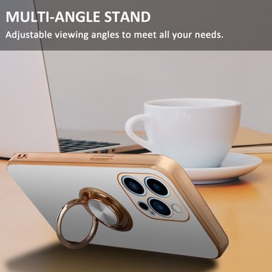 Coque pour Apple iPhone 13 PRO en Glossy Blanc - Or avec anneau Housse de protection Étui en silicone TPU flexible, avec protection pour appareil photo et support voiture magnétique