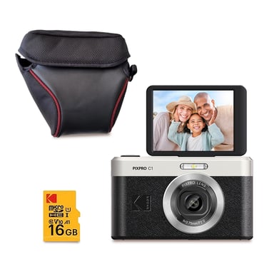 Kodak Pixpro C1 Cámara Digital Ultra Compacta 13MP, Zoom 4x, Pantalla LCD 2.8'', Flash LED – Negro + Tarjeta microSDHC 16GB + Funda Protectora Kodak Negra