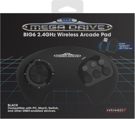 Retro-bit - Manette Noire BIG6 Sega Mega Drive & Genesis - Sans fil 2.4Ghz