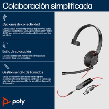 Poly Auriculares Blackwire 5210 monaural USB-C + conector de 3,5 mm + adaptador USB-C/A