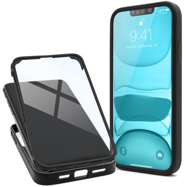 Moozy Coque 360 pour iPhone 14 - Coque transparente à bord noir, protection intégrale double face, coque avec protecteur d'écran intégré