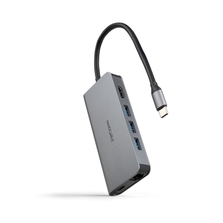 NANOCABLE 10.16.4609 – Hub USB C 8 en 1 Convertisseur USB C 3.1 vers 3xUSB A 3.0 + HDMI 4K@60Hz + USB C PD + RJ45 1Gbps + TF + SD Aluminium 18 cm