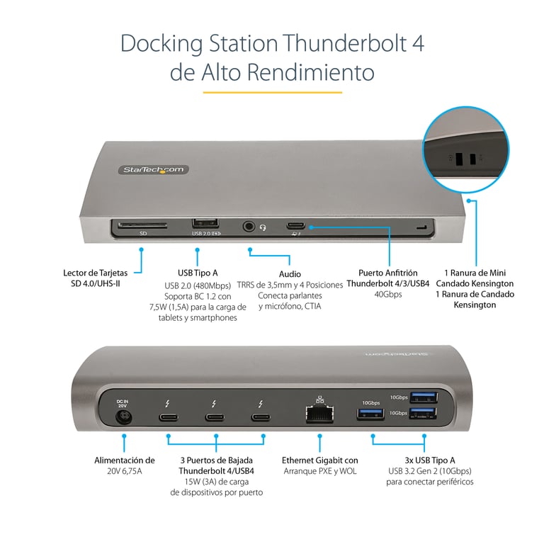 StarTech.com Dock Thunderbolt 4 - Hub Thunderbolt 4 96W Power Delivery - Moniteur unique 8K/Double moniteurs 4K 60Hz - Docking Station Thunderbolt 4 3xTB4/USB4/4xUSB-A/SD/GbE - Station d'Accueil Thunderbolt 4 - Neuf