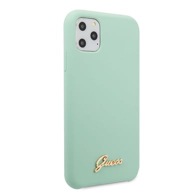 Custodia Guess per iPhone 11 Pro Max in silicone verde logo oro vintage