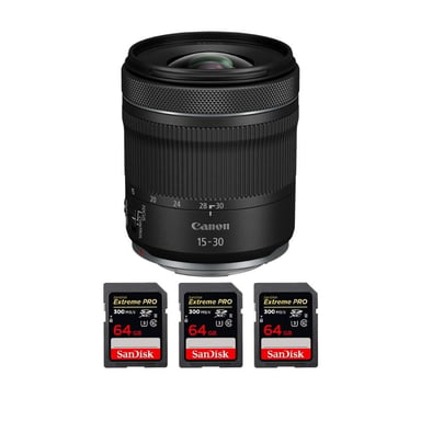 Obiettivo Canon RF 15-30mm F4.5-6.3 IS STM + 3 SanDisk 64GB Extreme PRO UHS-II + Ebook ''20 consigli per foto che colpiscono''
