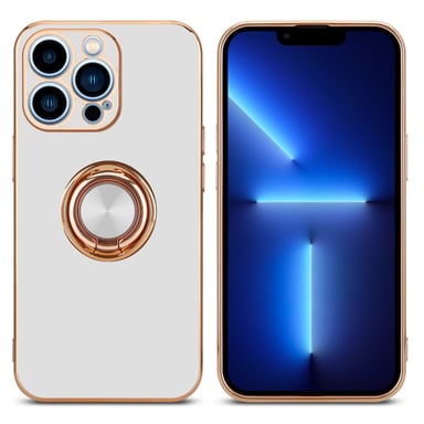 Coque pour Apple iPhone 13 PRO en Glossy Blanc - Or avec anneau Housse de protection Étui en silicone TPU flexible, avec protection pour appareil photo et support voiture magnétique