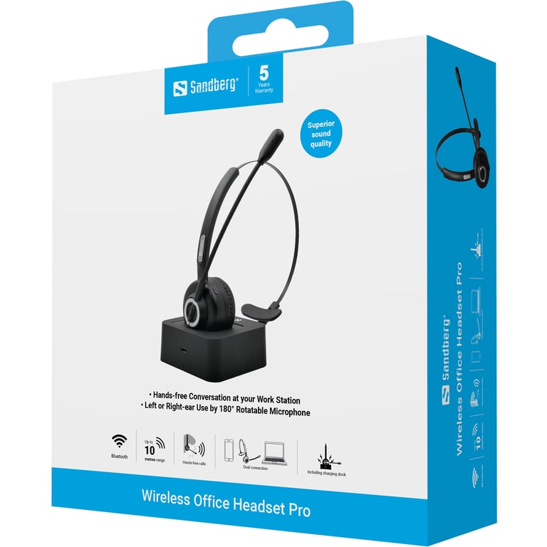 Sandberg Bluetooth Office Headset Pro Casque Sans fil Arceau Bureau/Centre d'appels Noir - Neuf