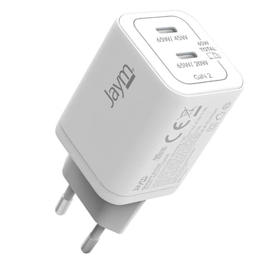 Chargeur Secteur Double USB-C Rapide 65W PD / PPS Ultra-Compact GaN Blanc