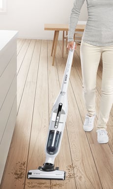 Bosch Serie 4 BBH32551 aspiradora de pie y escoba eléctrica Aspiradora escoba 2 en 1 Batería Secar Sin bolsa 0,4 L Metálico, Blanco