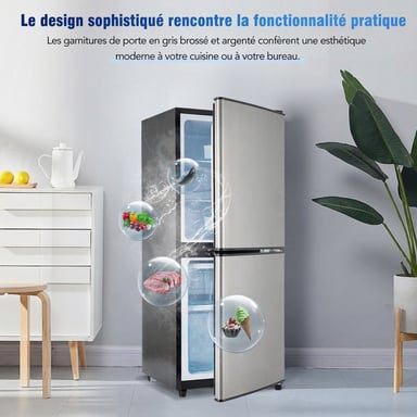 Roline Mini Réfrigérateur Congélateur 106L Petit Frigo 2 Portes Argenté Silencieux Bureau