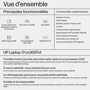 HP 17-cn3007nf Intel® Core™ i3 i3-N305 Portátil 43,9 cm (17.3'') Full HD 8 GB DDR4-SDRAM 512 GB SSD Wi-Fi 6 (802.11ax) Windows 11 Home Plata
