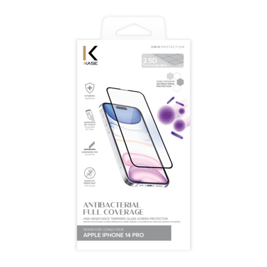 Protection d'écran antibactérienne en verre trempé ultra-résistant (100% de surface couverte) pour Apple iPhone 14 Pro, Noir