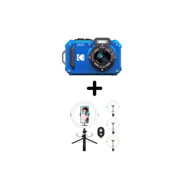 Appareil photo compact étanche Kodak Pixpro WPZ2 Bleu avec trépied de table et anneau LED Agfaphoto ARL11 Noir