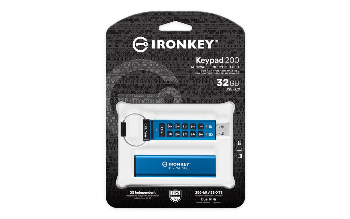 Kingston Technology IronKey Keypad 200 de 32 Go, FIPS 140-3 niveau 3 (en attente), chiffrement AES-256 - Neuf
