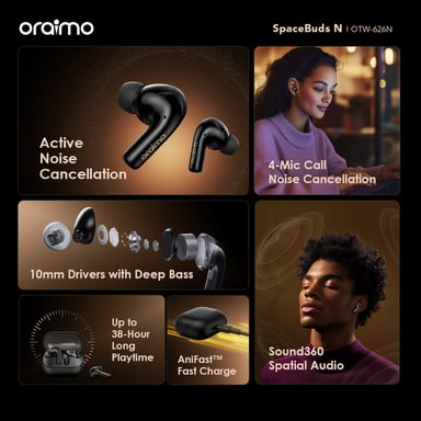 oraimo SpaceBuds N Blanc – Écouteurs sans fil Bluetooth 5.4, ANC hybride, autonomie 38h, IPX5, multi-appairage