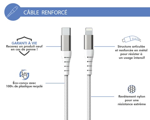 Cavo USB C/Lightning rinforzato 1,2 m - 3 A