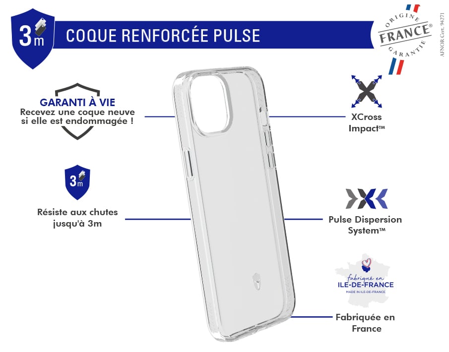 Coque Renforcée iPhone 15 PULSE Origine France Garantie Garantie à vie Transparente - FR Force Case