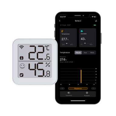 Konyks Termo 2, Termómetro e higrómetro con conexión Wi-Fi, Pantalla grande, Lectura a distancia, Activa otros dispositivos Konyks en función de las mediciones, Compatible con Alexa y Google Home.