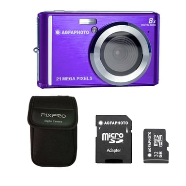 AGFAPHOTO Realishot DC5200 – Cámara Digital 21 MP, Zoom 8X, Pantalla 2,4'', Vídeo HD 720p + microSD 32 GB + Estuche – Violeta