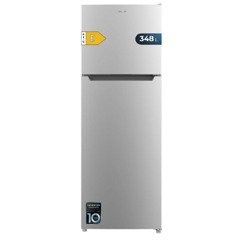 Cecotec Réfrigérateur à deux portes Bolero CoolMarket 2D 348 NF Inox E. Compresseur Inverter NoFrost classe E design inox moderne faible consommation d'énergie.