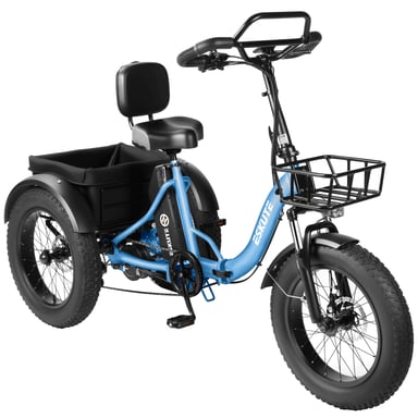 Triciclo elettrico cargo ESKUTE T302 Pro, batteria da 48 V 20,8 Ah, con schienale per il sedile posteriore e cestini anteriori e posteriori - blu