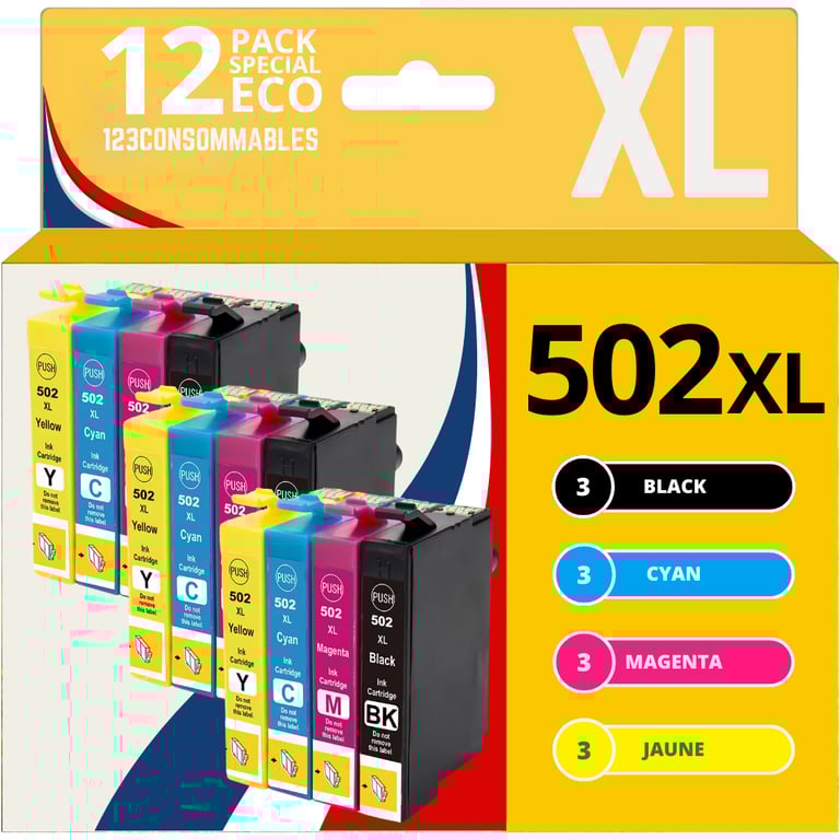 123CONSOMMABLES 502XL Cartouche d'encre Compatible pour Epson 502 pour Epson Expression Home XP 5100 XP5100 XP 5105 XP 5150 XP 5155 Workforce WF 2860 WF 2865 WF 2880 WF 2885 4 pack Neuf - vue 2