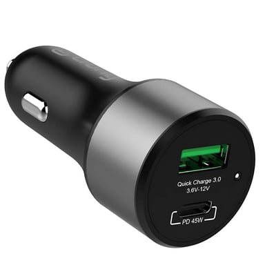 Chargeur Allume-Cigare USB-C PD 45W / USB QC 3.0 18W Compact Noir