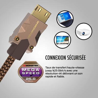 Câble HDMI Monster 1.5M - Résolution 4K - Vidéo HDR10+ - 25 GBPS - Vitesse Éclair - Triple Blindage - Garanti à Vie