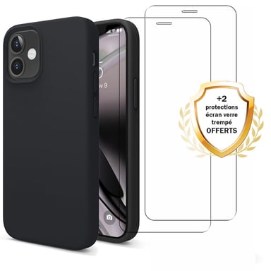 Evetane Funda Dura Apple iPhone 12 Mini Silicona Líquida Negro + 2 Cristal Templado Protector de Pantalla Antigolpes