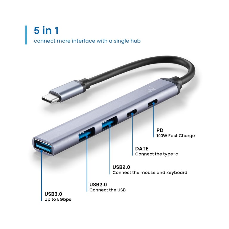 Ewent EW1149 hub & concentrateur USB 3.2 Gen 1 3.1 Gen 1 Type C 5000 Mbit/ Neuf - vue 3