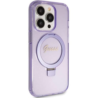 Custodia Guess per iPhone 15 Pro Max 6,7'' viola Custodia rigida Ring Stand Script Glitter MagSafe