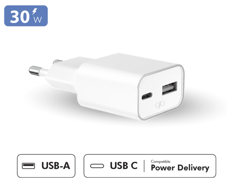 Chargeur USB A + USB C Compact 30W Power Delivery GaN Blanc + Garantie à vie Force Power Lite