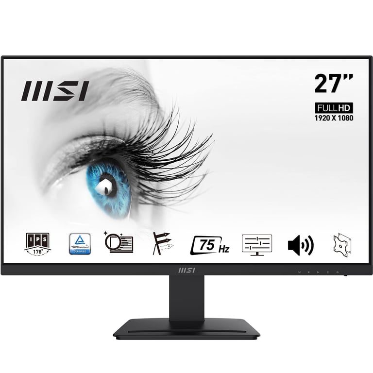 MSI PRO MP273 Ecran Bureautique 27 FHD Dalle IPS 1920x1080 75Hz Confort Oculaire Haut Parleurs Intégrés MSI Display Kit Inclinaison Réglable Montable VESA DisplayPort 1. HDMI 1.4b Neuf