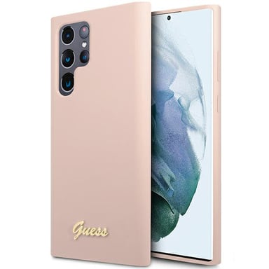Funda Guess de silicona con logo metálico « Script » para Samsung S23 Ultra, rosa