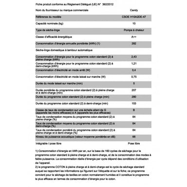 Asciugatrice a condensazione 10kg CANDY 59,6cm, CSOEH10A2DE47