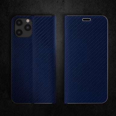 Moozy Étui Portefeuille pour iPhone 12 Pro Max, Bleu Foncé Carbone - Protection des Bords Métalliques Fermeture Magnétique Flip Cover avec Porte-Carte