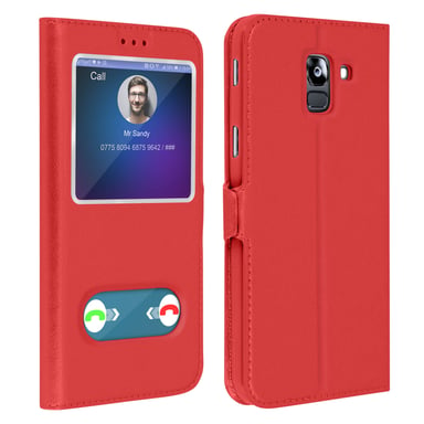 Étui pour Samsung Galaxy J6 Housse Folio Double Fenêtre Fonction Support Rouge