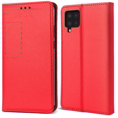 Moozy Case Flip Cover pour Samsung A42 5G, Rouge - Étui à Rabat Magnétique Intelligent avec Porte-Carte et Support