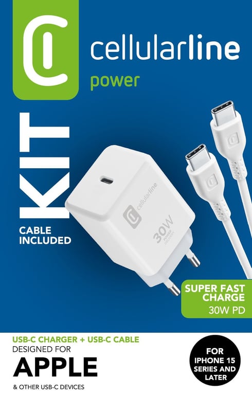 Kit caricabatterie USB-C 30W - iPhone serie 15 - Caricabatterie secteur 30W + cavo USB-C verso USB-C - Caricabatterie rapido per iPhone serie 15 - Potenza: 30W - Bianco - nuovo