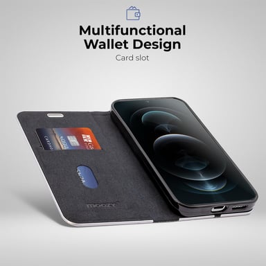 Moozy Étui Portefeuille pour Xiaomi 12 Pro, Noir Carbone - Étui à Rabat avec Bordure Métallique, Fermeture Magnétique, Flip Cover avec Porte-Cartes et Fonction Béquille