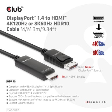 CLUB3D CAC-1087 câble vidéo et adaptateur 3 m DisplayPort HDMI Noir