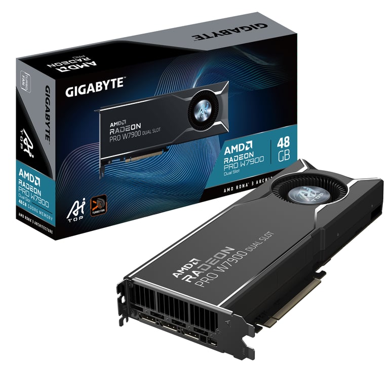 GIGABYTE Radeon PRO W7900 Dual Slot AI TOP 48G Carte Graphique 48 Go GDDR6 384 bits PCI E 4.0 3 x DisplayPort 2.1 W7900 AI TOP 48G Neuf