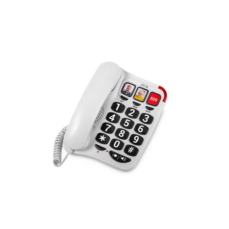 SPC Comfort Numbers 2 – Téléphone Fixe Senior avec Grandes Touches 3 mémoires directes avec Photo Volume très élevé Compatible avec Les appareils auditifs Signal Lumineux Filaire et Mural