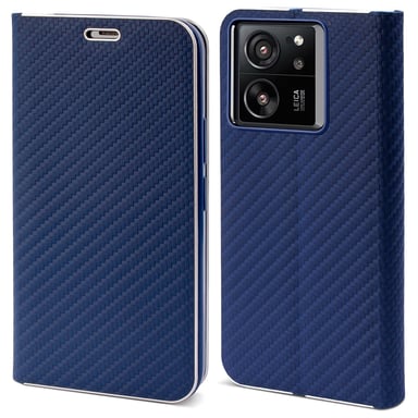 Moozy Étui portefeuille pour Xiaomi 13T / 13T Pro, Bleu foncé Carbone - Étui à rabat avec bordure métallique, fermeture magnétique, porte-cartes et fonction béquille