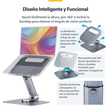 StarTech.com Support Télescopique pour PC Portable, Base Pivotante à 360&deg;, Support Rotatif pour Bureau, Hauteur et Inclinaison Réglables, Poids Max 5kg, Construction en Aluminium, Design Portable