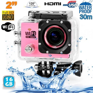 Camera Embarquée Sports Wi-Fi LCD Caisson Étanche Waterproof HD 12 Mp Rose 16Go YONIS
